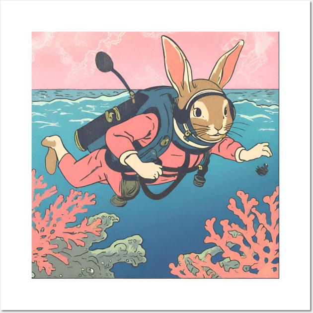 Funny Scuba Diver of a Rabbit Bunny Dad Scuba Diving Season of Corals Wall Art by wigobun